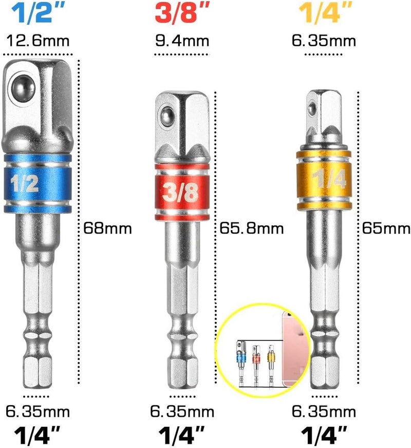 CIGOTU Impact Grade Socket Adapter/Extension Set Turns Power Drill Into High Speed Nut Driver,1/4-Inch Hex Shank to Drive for Adapters to Use with Drill Chucks, Sizes 1/4" 3/8" 1/2", Cr-V, 3-Piece - Image 3